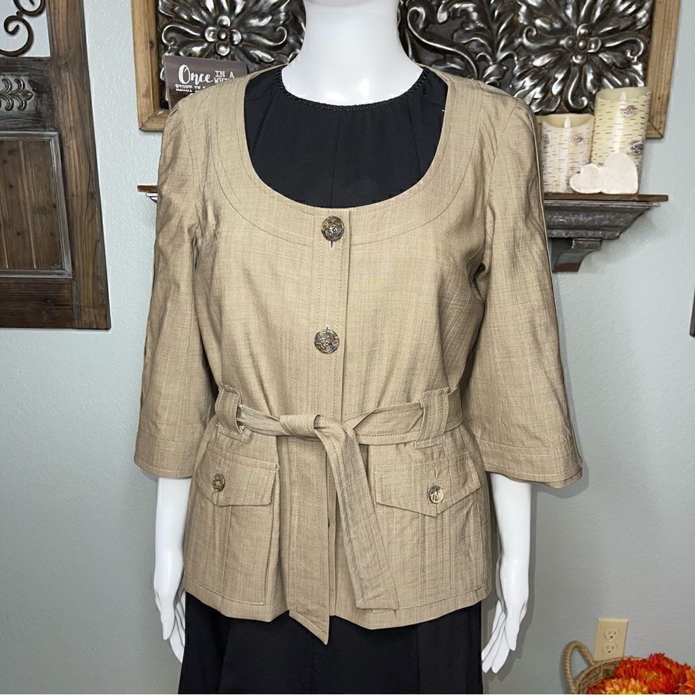 Trina Turk Beige Wool Button Closure Scoopneck Belted Blazer